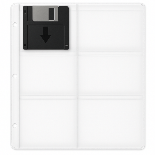 Binder Page for Holding 6 Floppy Discs - with 0.25" Drop for Each Pocket - External Dimensions 8.3750" x 11.2500" - Open on Short Side (Portrait)