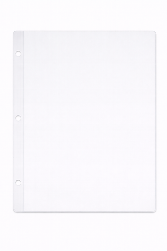 Binder Page with Standard 3 Ring Binder Hole Pattern - with 0.25" Drop - External Dimensions 9.3125" x 11.5" - Open on Short Side (Portrait)